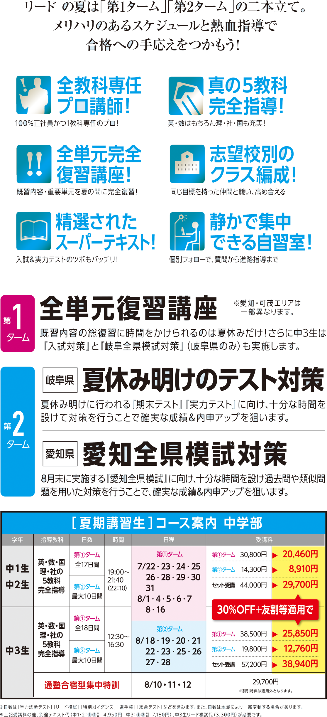 リードの夏は「第１ターム」「第２ターム」の二本立て。メリハリのあるスケジュールと熱血指導で合格への手応えをつかもう！