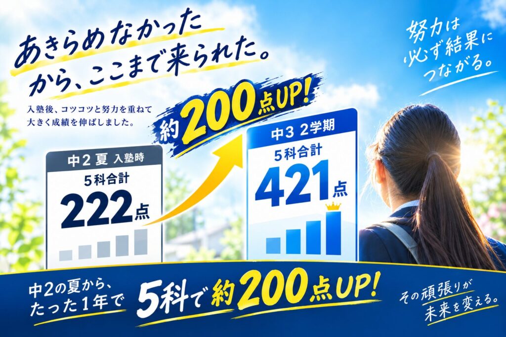 中2夏の入塾から、5教科222点→421点へ 中学2年生の夏にリード進学塾 江南古知野校へ入塾した生徒の、成績アップの軌跡をご紹介します。 入塾時の5教科合計は222点。そこから日々の授業や家庭学習、定期テストに向けた学習を積み重ね、中学3年生2学期には5教科合計421点まで成績を伸ばしました。 222点から421点へ、199点アップ。約200点の大幅な成績アップを実現しています。 この成績アップは、短期間の詰め込みだけによるものではありません。学校の授業内容を確実に理解し、日々の学習を積み重ねながら、定期テストに向けた対策を継続してきたことが大きな要因です。 江南市で中学生の成績アップを目指す学習塾として、リード進学塾 江南古知野校では、日々の授業から定期テスト対策まで、生徒一人ひとりの学習をサポートしています。 今回は、この生徒がなぜここまで成績を伸ばすことができたのか、入塾後に学習面でどのような変化があったのかを、本人へのインタビューを通してご紹介します。